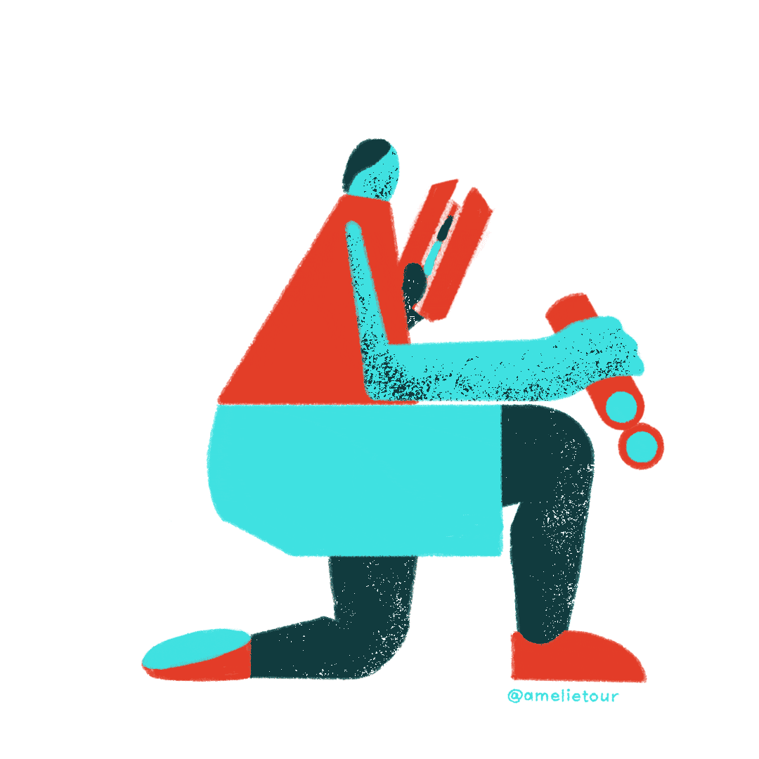 A colorful character looking at a map and then looking around through binoculars